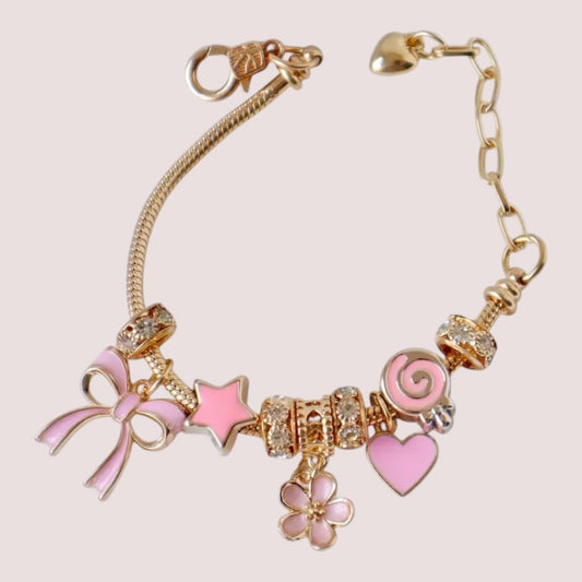 Golden Pink Heart & Bow Charm Bracelet