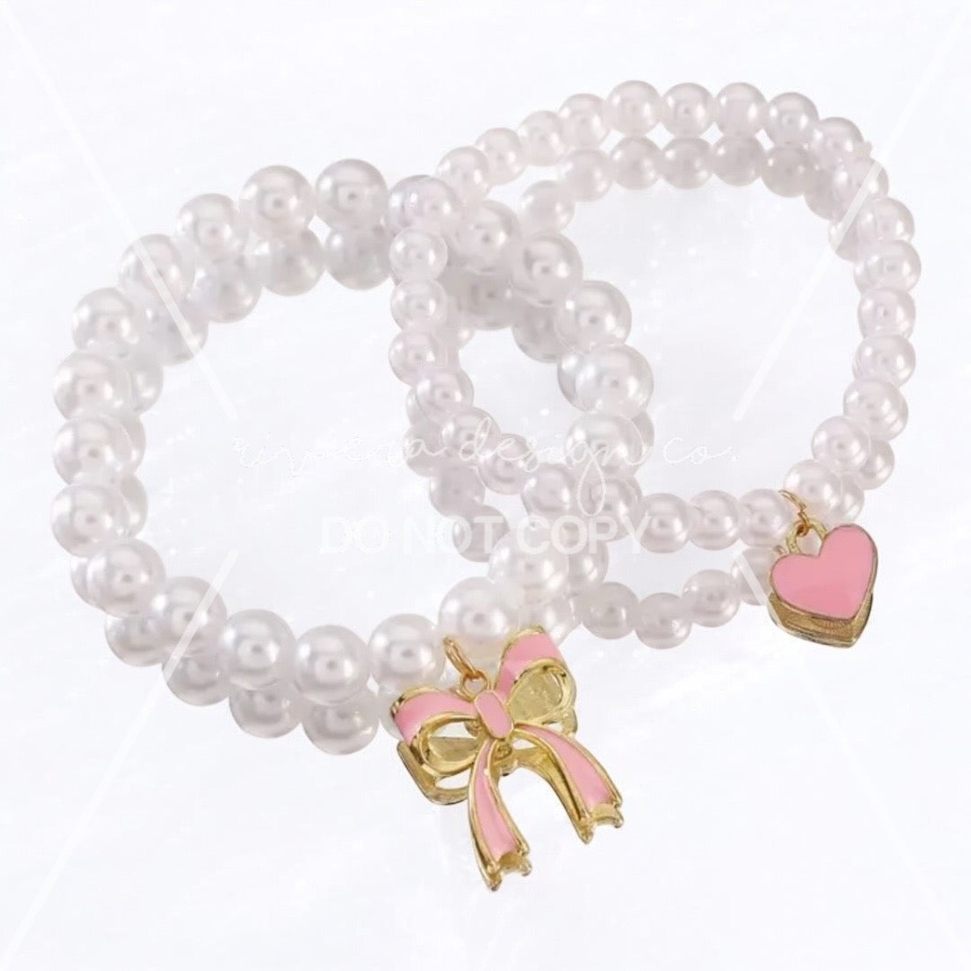 White Pearl Pink Bow Bracelet Set