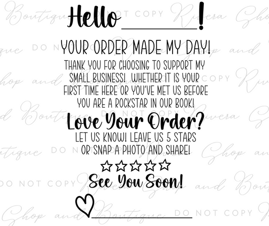 Business Your Order Made My Day - Packaging Insert Thermal Label - 4x6