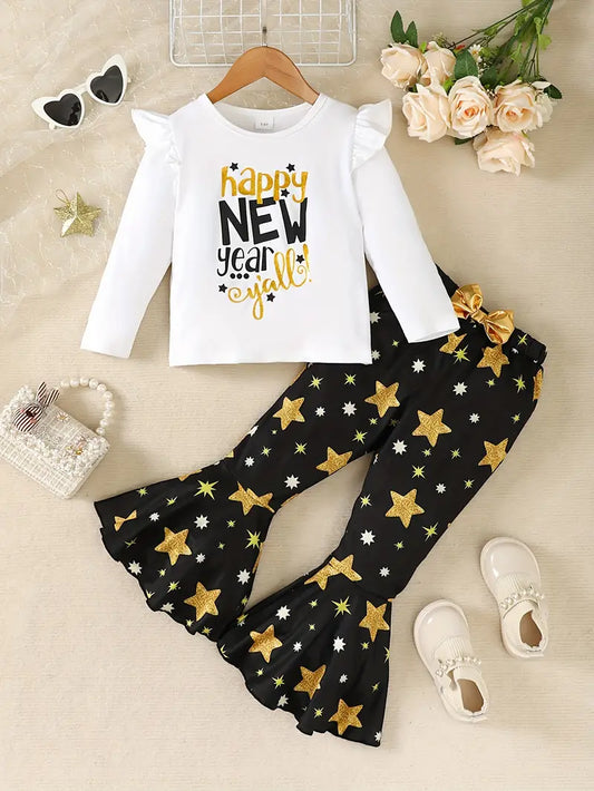 Toddler Girl "Happy New Year Yall" 2 Piece Outfit with Bellbottom